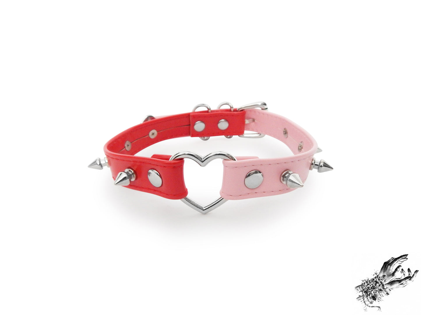 Half Pink and Half Red Studded Heart Ring Choker