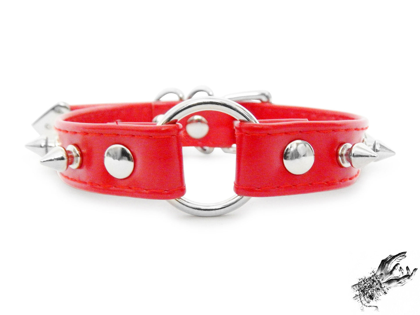 Red Faux Leather Studded O Ring Choker - REGULAR SIZE