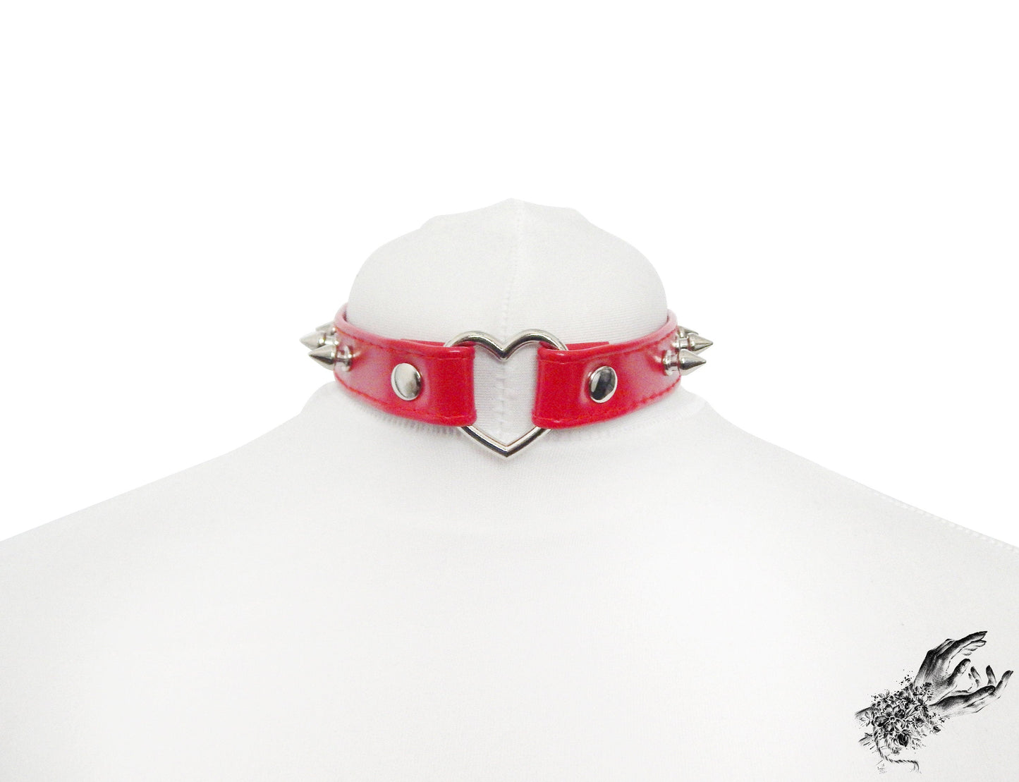 Red Faux Leather Studded Heart Ring Choker - LARGE SIZE