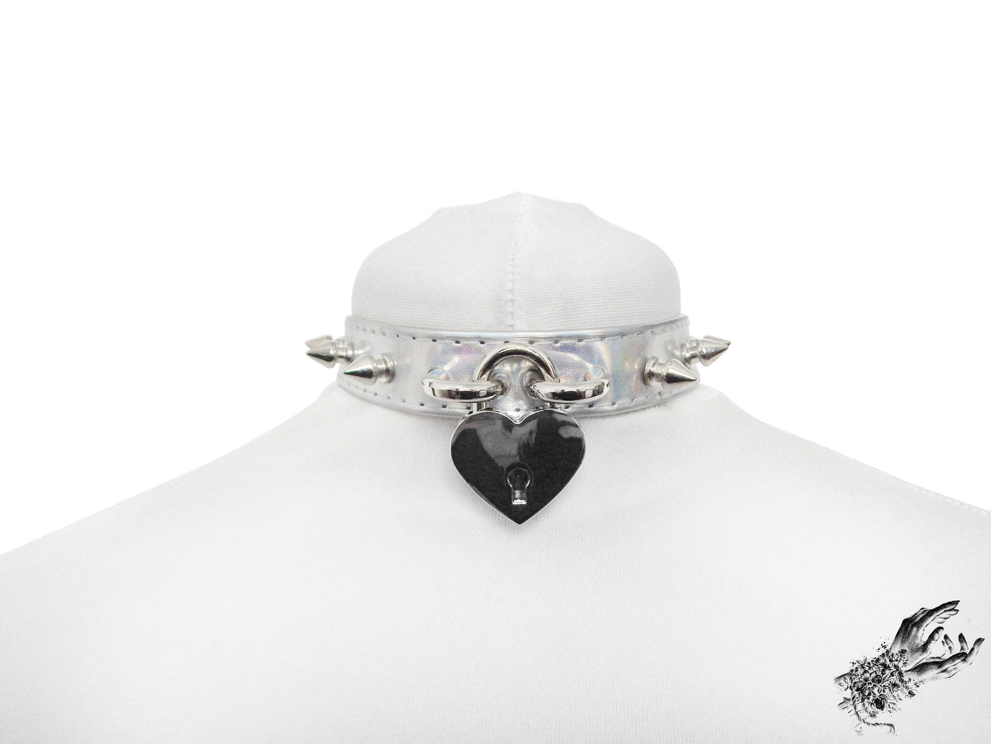 Holographic Silver Studded Heart Padlock Choker - LARGE SIZE