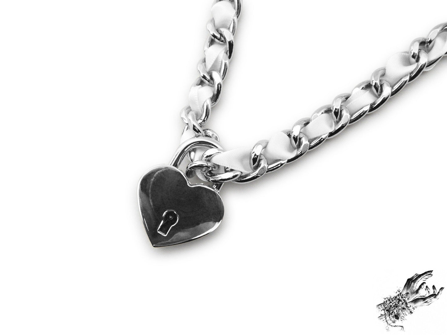 White Ribbon Chain and Heart Padlock Choker - LARGE SIZE