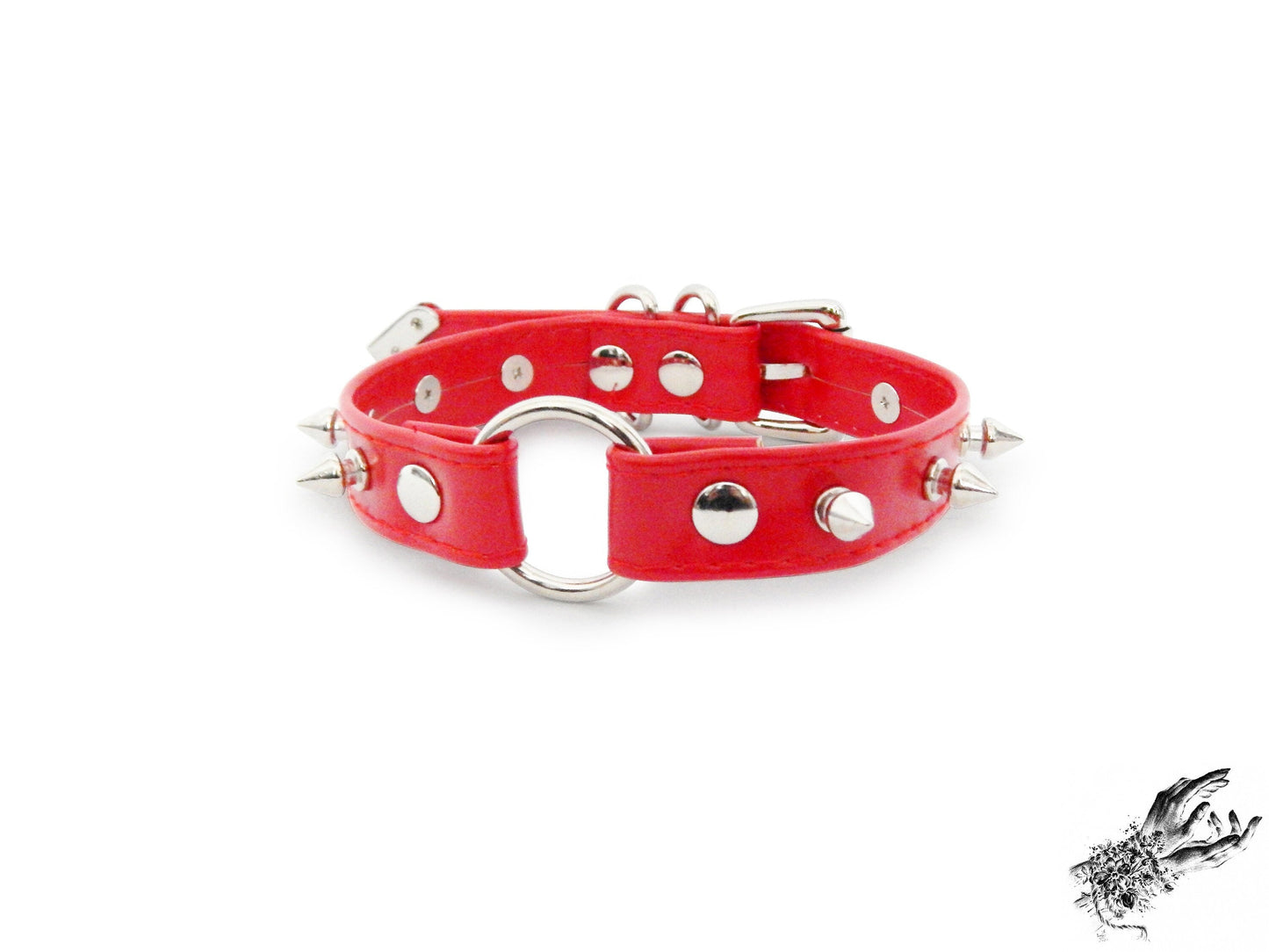 Red Faux Leather Studded O Ring Choker - REGULAR SIZE