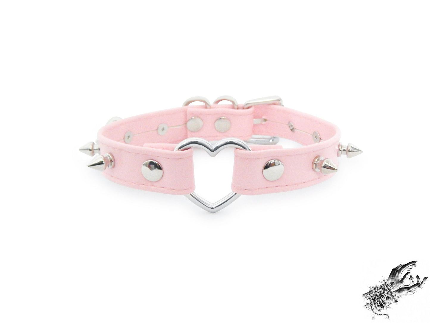 Pink Faux Leather Studded Heart Ring Choker - LARGE SIZE