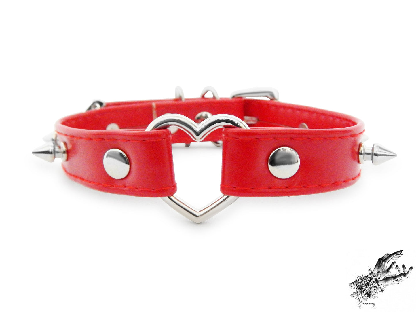 Red Faux Leather Studded Heart Ring Choker - LARGE SIZE
