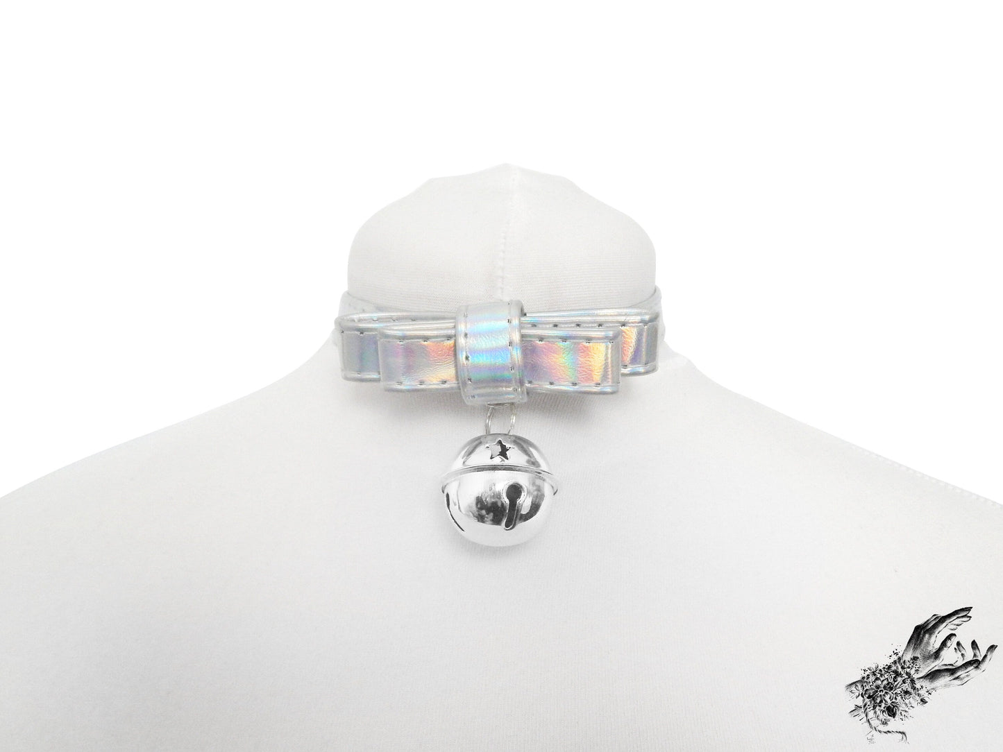 Holographic Silver Bow and Bell Choker - LARGE SIZE