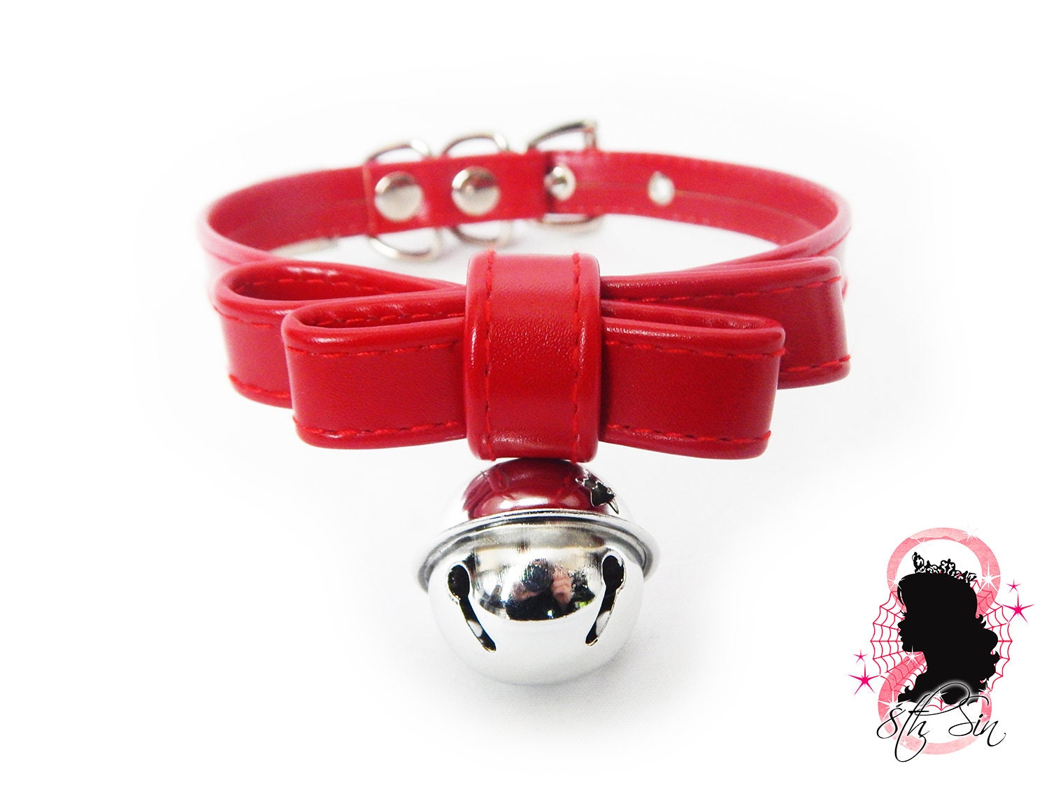 Red Faux Leather Bow and Bell Choker – 8th Sin
