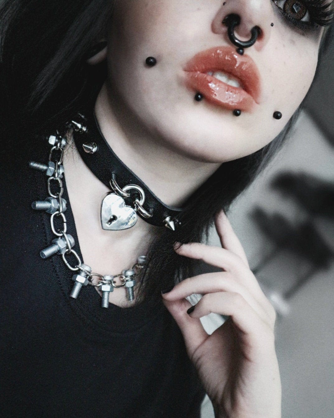 Black Studded Heart Padlock Choker with Key - 8th Sin