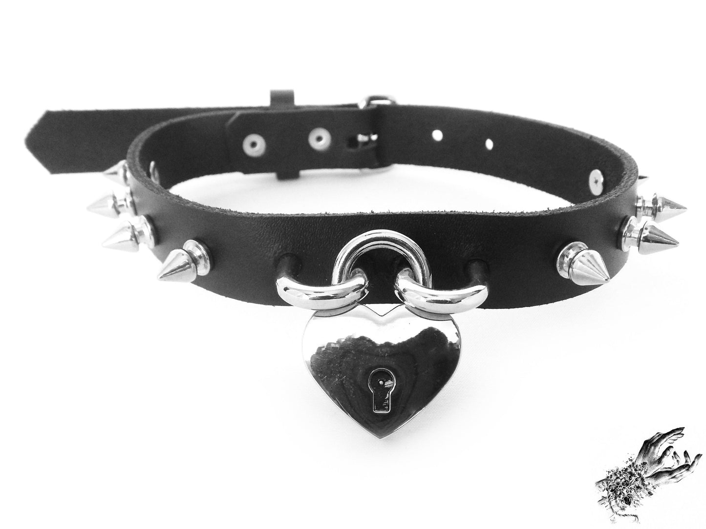 Black Studded Heart Padlock Choker with Key - 8th Sin