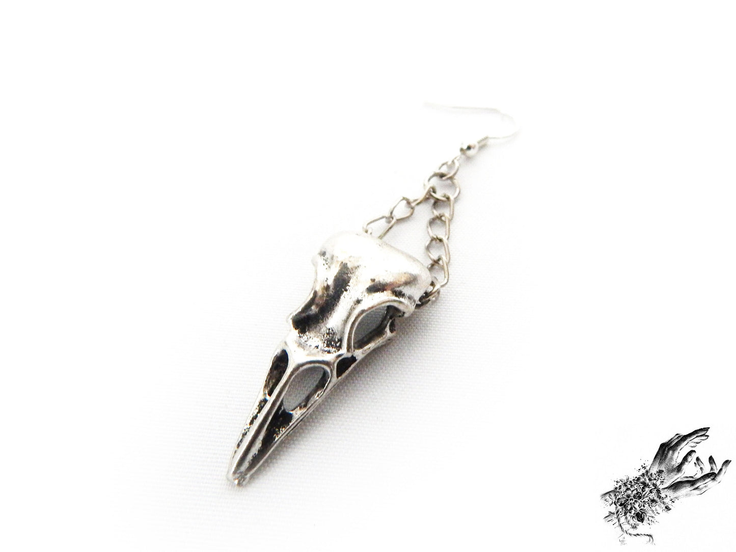 Antique Silver Chained Bird Skull Earrings - 8th Sin